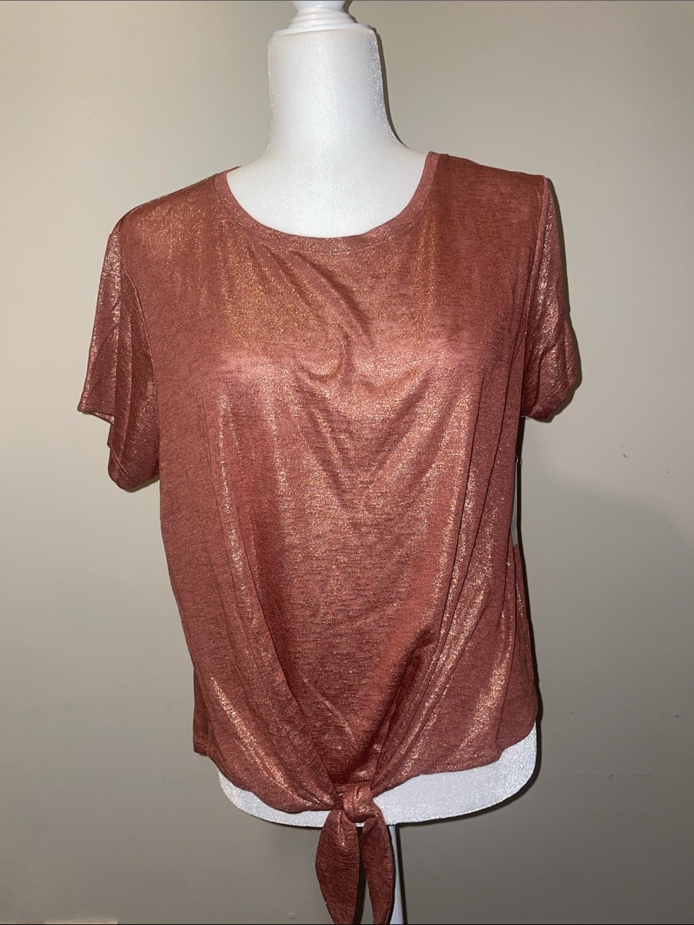 New York & Company Metallic Rust Tie-Front Short Sleeve Tee
